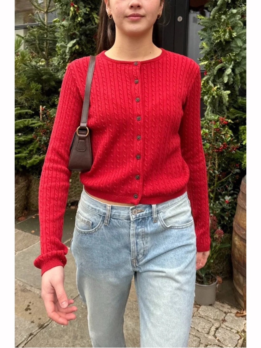 Brandy Melville Red Zoe Knit Cardigan One Size Button Down Front Long Sleeves